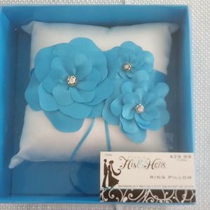 Ring Bearer pillow. White with blue floral and rhinestone design